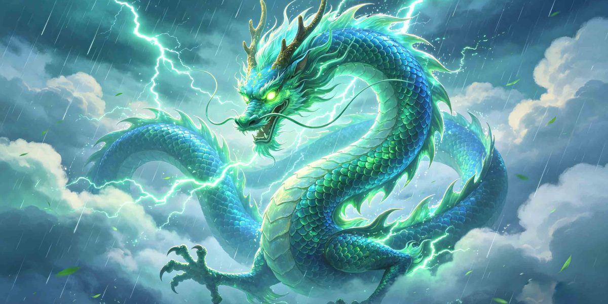 Azure Dragon (Qing Long) Chinese mythology eastern guardian, blue-green celestial dragon with clouds and rain, traditional Chinese art illustration