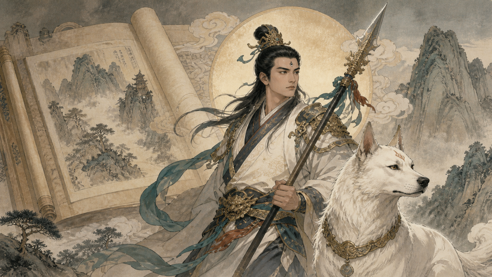 generated Erlang Shen image with third eye, celestial hound, and source-retelling scroll context