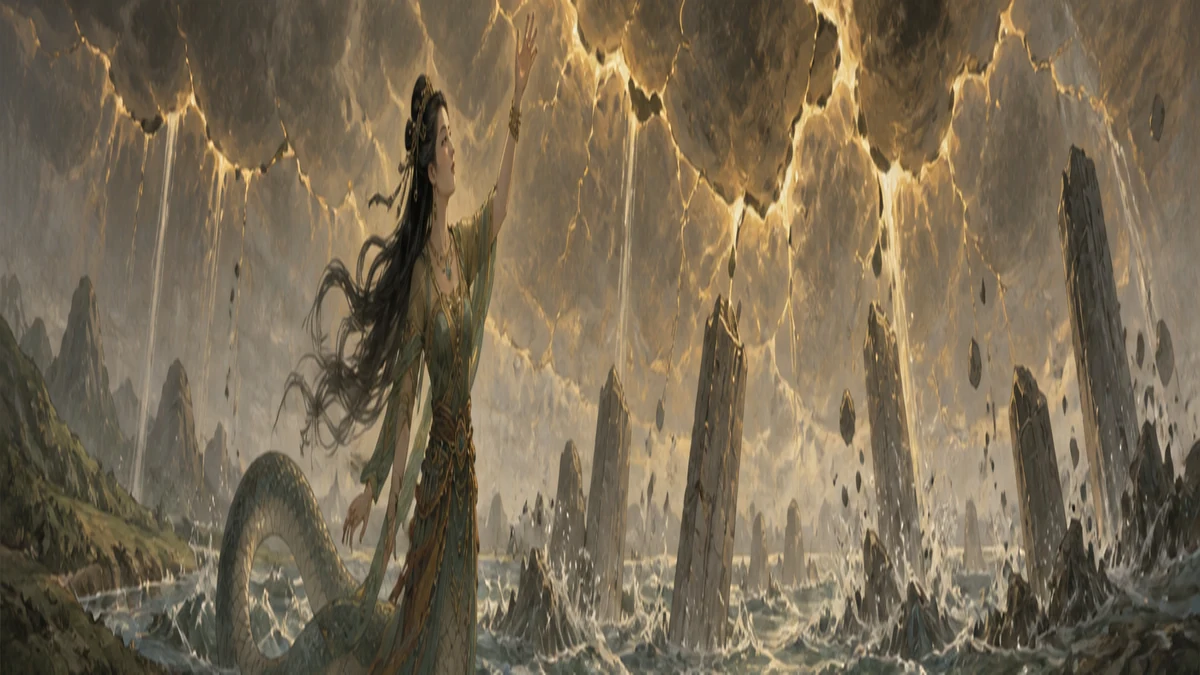 Nuwa beneath the cracked sky before beginning the repair
