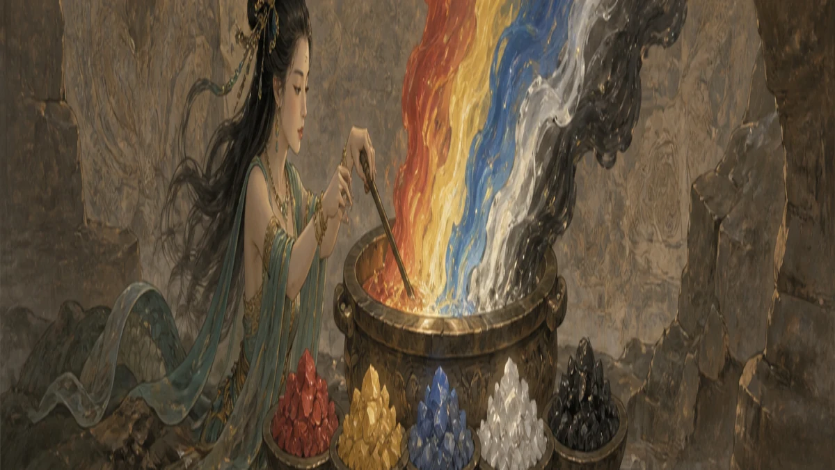 Nuwa melting five-colored stones to mend the sky