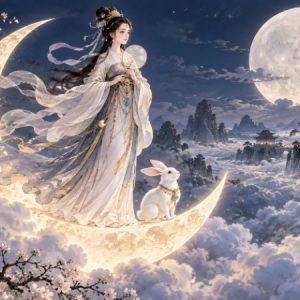 Chang'e moon goddess and jade rabbit above celestial clouds