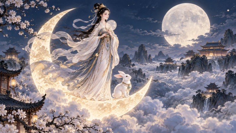 Chang'e moon goddess in a Chinese mythology story scene