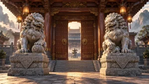 Paired stone guardian lions flanking an imagined traditional doorway
