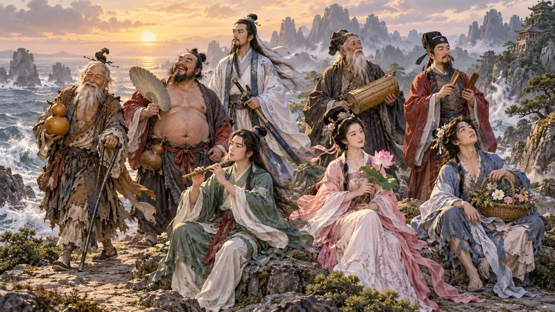 Eight Immortals on a coastal path with distinct symbolic objects