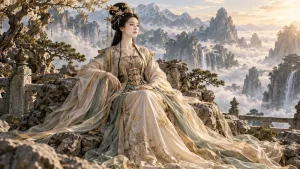 Artistic depiction of the Queen Mother of the West seated above misty Kunlun mountains