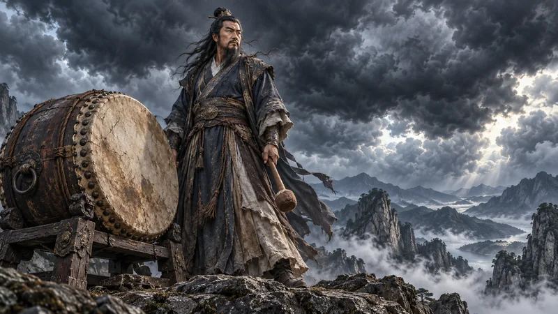 Artistic depiction of Lei Gong standing beside a thunder drum with a lowered wooden mallet