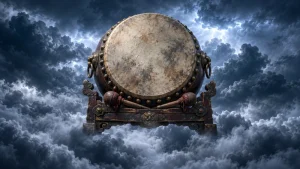 Artistic thunder drum and wooden mallets surrounded by dark storm clouds