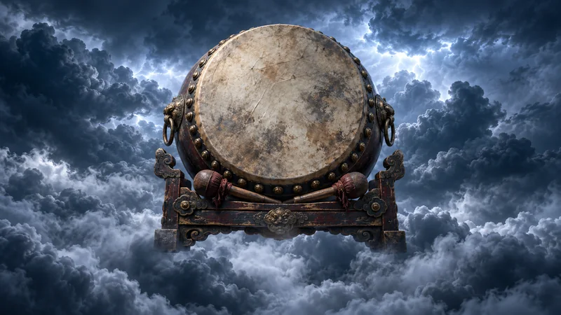 Artistic thunder drum and wooden mallets surrounded by dark storm clouds