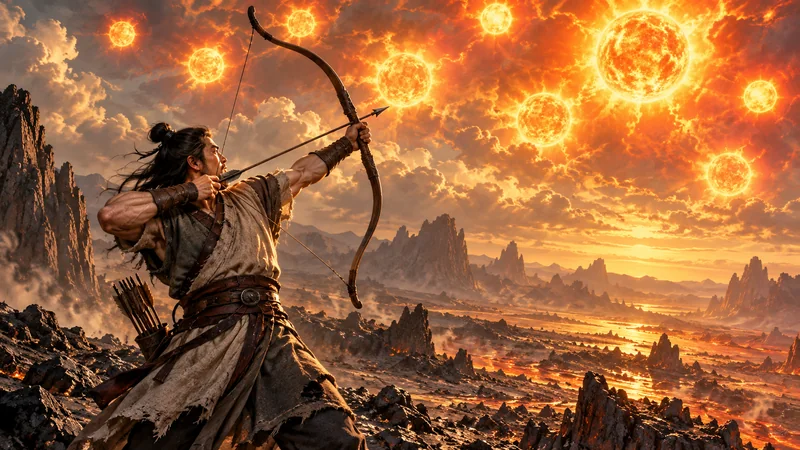 Hou Yi drawing a wooden bow toward blazing suns