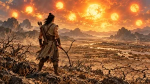 Hou Yi surveying a scorched landscape beneath multiple suns
