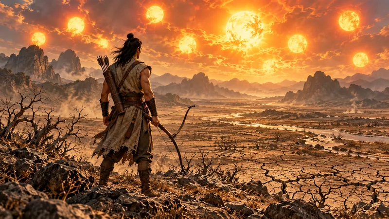 Hou Yi surveying a scorched landscape beneath multiple suns