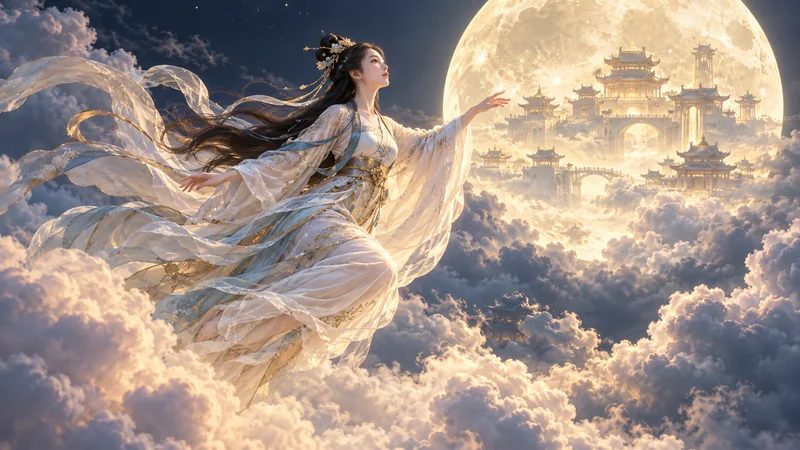 Chang E ascending through clouds toward the moon