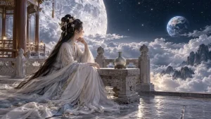 Chang E on an imagined moon palace terrace beside an elixir vessel
