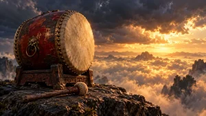 Artistic side view of a wooden thunder drum and mallet on a rocky ledge beneath storm clouds