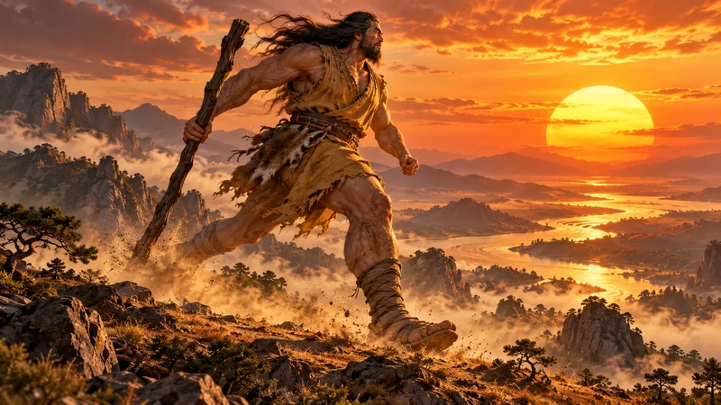 Kuafu striding across mountain ridges toward the setting sun