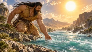 Kuafu kneeling beside a broad river beneath the sun