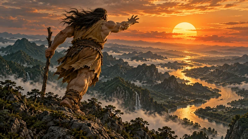 Kuafu reaching toward the setting sun from a mountain ridge