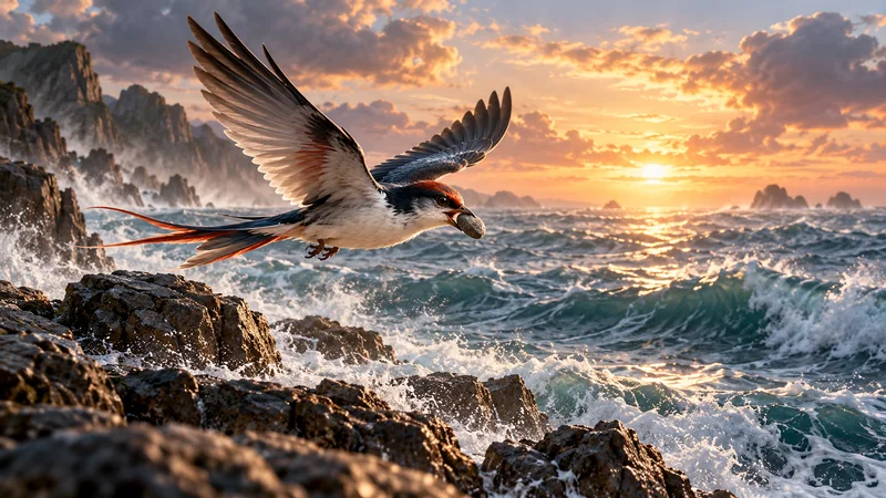 Jingwei carrying a pebble in its beak toward the sea