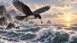 Jingwei dropping a pebble into breaking sea waves