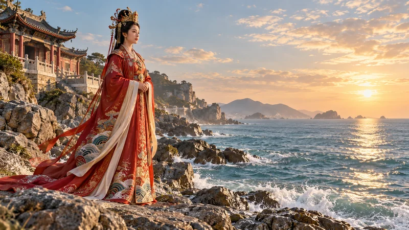 Artistic depiction of Mazu in red robes beside a coastal temple overlooking the sea