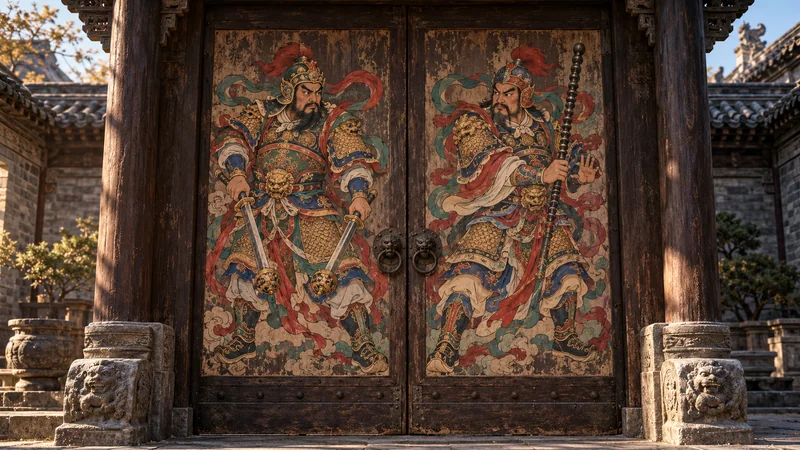 Paired armored door-god prints on a traditional wooden double door