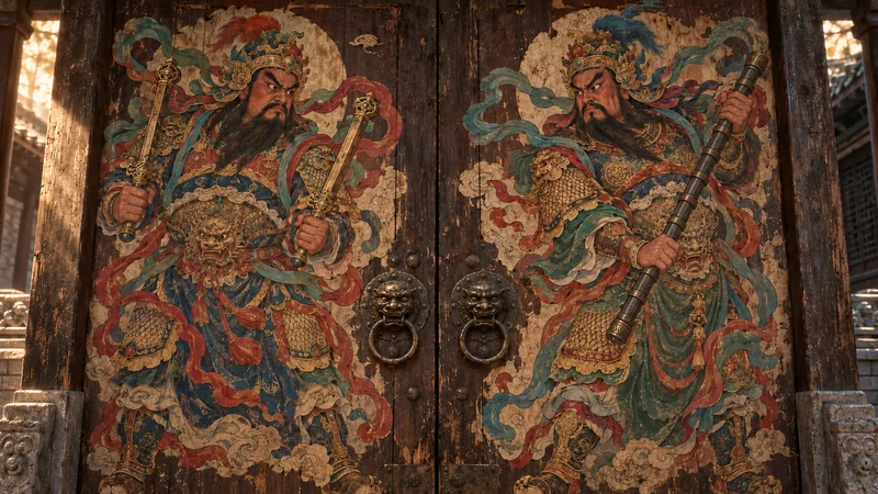 Two inward facing door-god prints pasted on aged wooden door panels