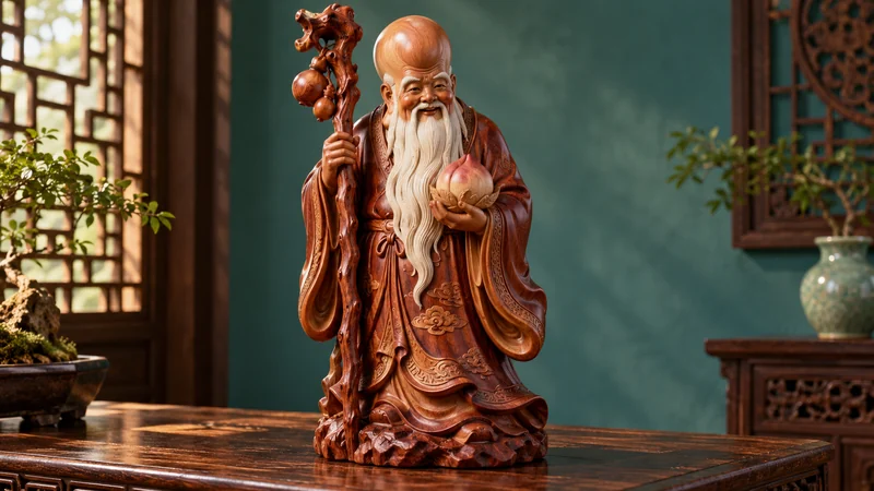 Illustrated Shou Xing statue with a tall forehead, white beard, peach and staff