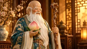 Illustrated longevity figure showing the peach and staff attributes