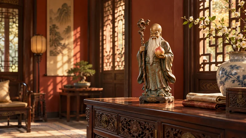 Illustrated Shou Xing statue displayed in a traditional Chinese interior