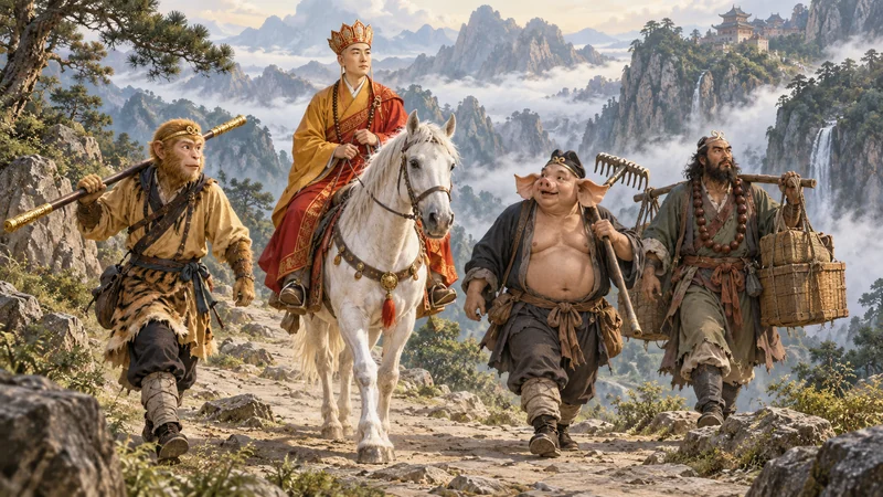 Tang Sanzang on a white horse with Sun Wukong, Zhu Bajie and Sha Wujing