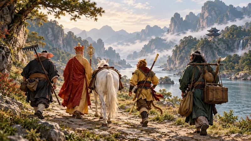The four Journey to the West companions walking with a white horse through a river valley