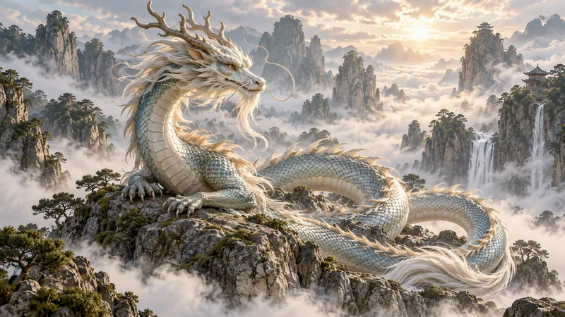 Chinese long dragon coiled among misty mountain rocks