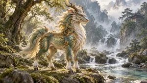 A qilin standing calmly beside a wooded mountain stream
