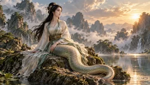 A contemplative artistic portrayal of Nuwa beside primordial water
