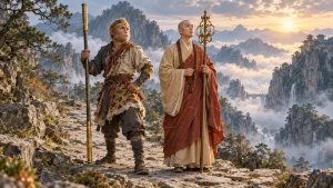 Sun Wukong and Tang Sanzang in an imagined literary character portrait