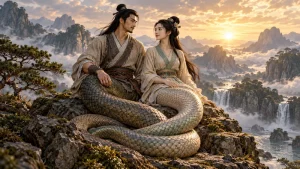Imagined paired Fuxi and Nuwa figures with intertwined serpentine tails