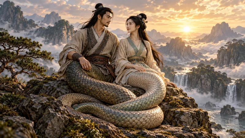 Imagined paired Fuxi and Nuwa figures with intertwined serpentine tails