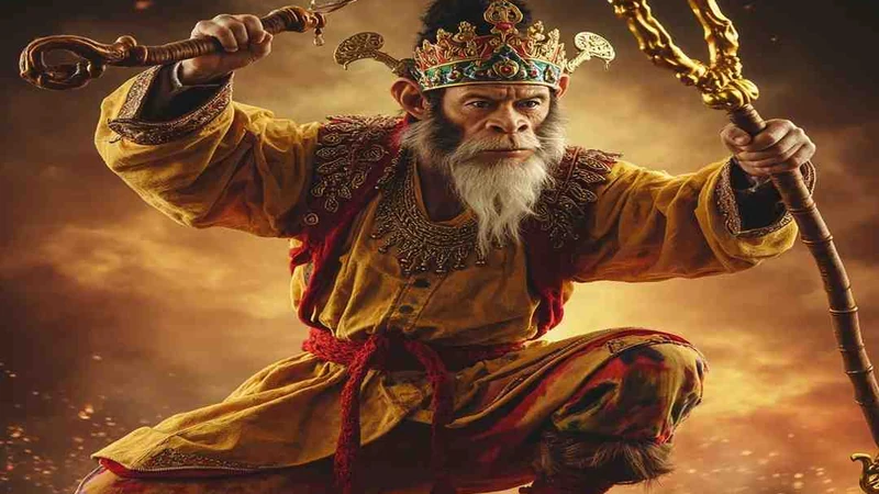 Monkey King holding a staff as an example of literary shapeshifting
