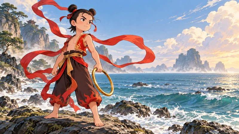 Original cartoon concept of Nezha with a golden ring and red sash