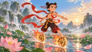 Original cartoon concept of Nezha after lotus rebirth on wind-fire wheels