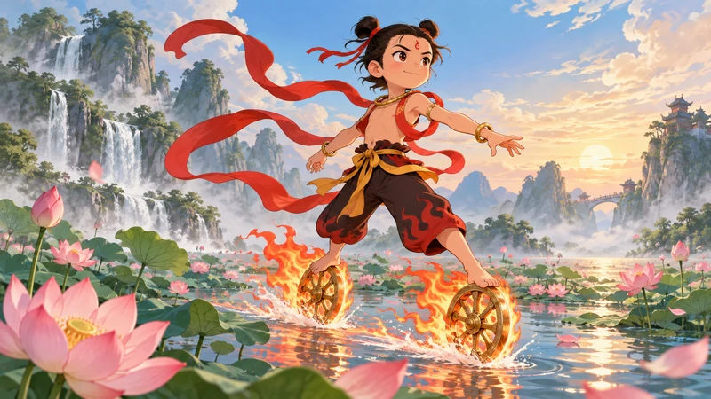 Original cartoon concept of Nezha after lotus rebirth on wind-fire wheels