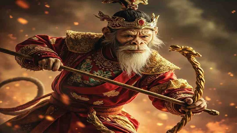 Monkey King wallpaper illustration with a golden staff