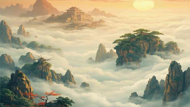 Imagined mountain palaces and clouds as a wallpaper landscape