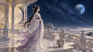 Artistic illustration of Chang'e and a moon hare beside a mortar on a lunar terrace