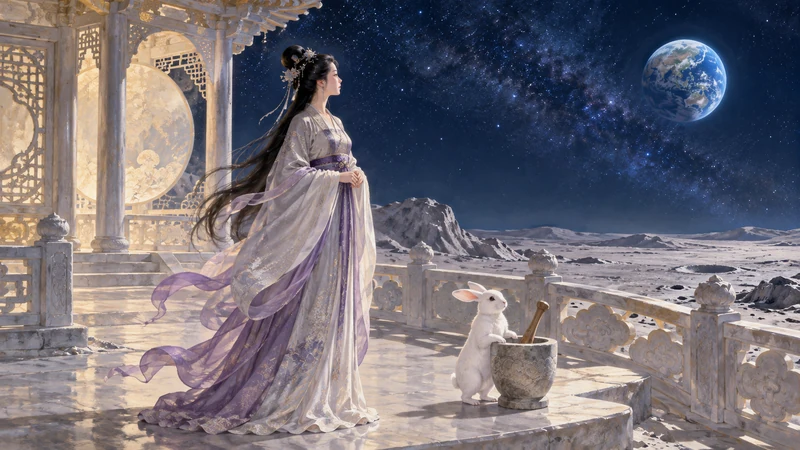 Artistic illustration of Chang'e and a moon hare beside a mortar on a lunar terrace