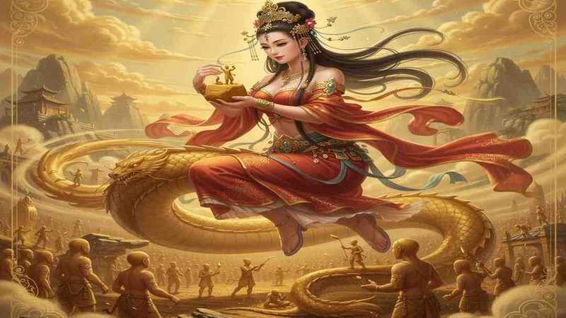 Nuwa with clay figures in an artistic creation-story illustration