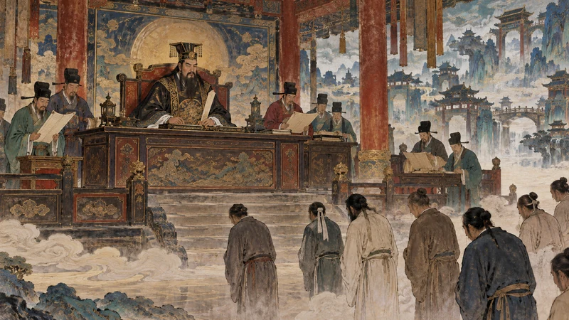 Imagined Chinese underworld court with judge, scribes and awaiting souls