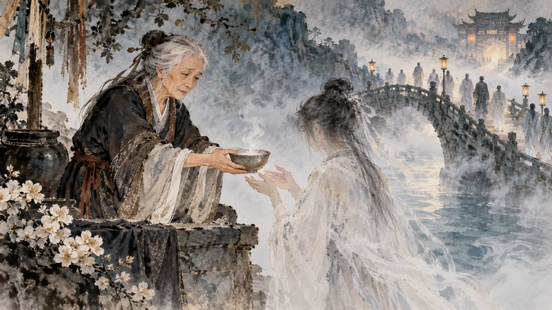 Meng Po offering a bowl beside a misty bridge in a folk-story illustration