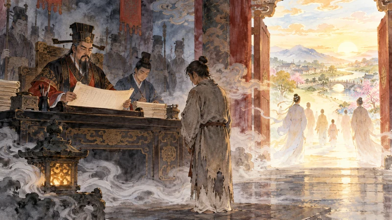 Underworld judge reviewing a soul before passage toward another life