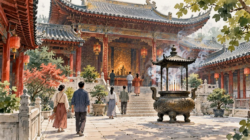 Imagined Chinese temple courtyard with visitors and incense burner